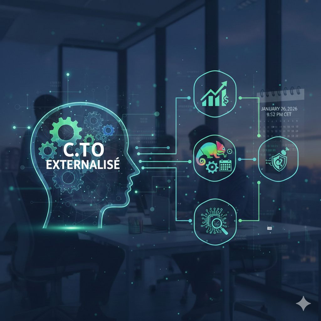 Illustration du CTO externalisé : profil stylisé relié aux enjeux de croissance, de sécurité et de données