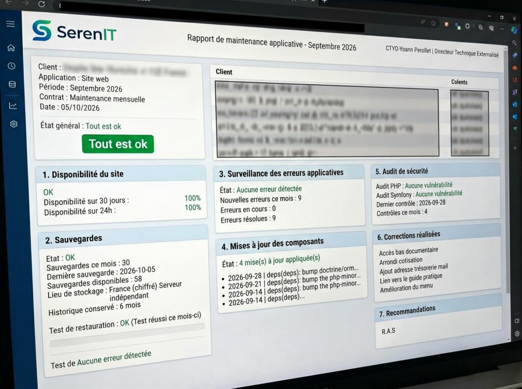 Exemple de rapport mensuel SerenIT : disponibilité, sauvegardes, erreurs, mises à jour et audit de sécurité