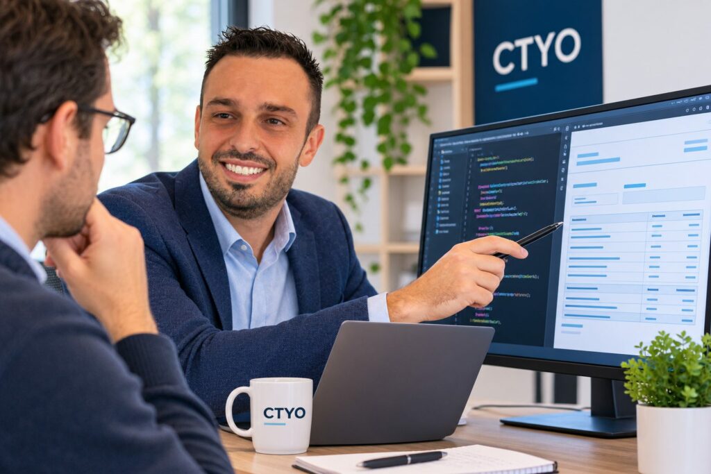 Yoann Perollet relit le code d’une application avec un dirigeant et lui explique ses constats